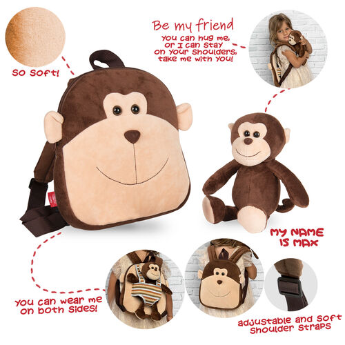 Max Monkey reversible backpack with plush toy 25cm